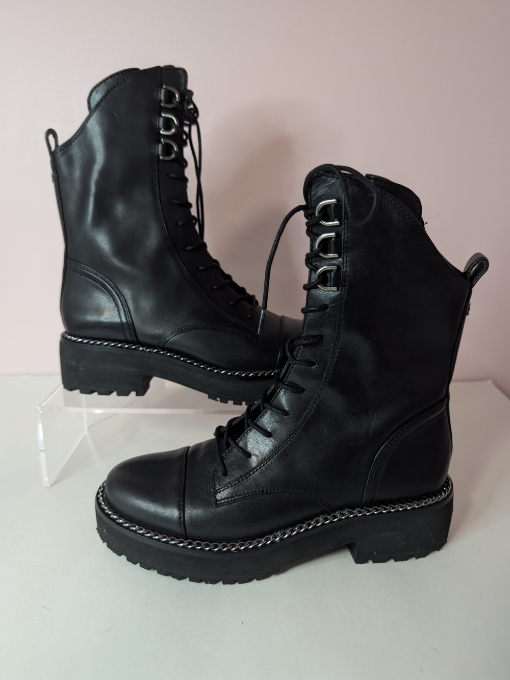 Sam Edelman Lenley Black Leather Combat Boots Size 6 Chain Trim Chunky Lug Sole